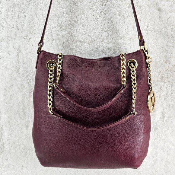 MICHAEL KORS Merlot Pebble Leather Hobo Satchel Shoulder Bag Large Logo Charm - Picture 5 of 15
